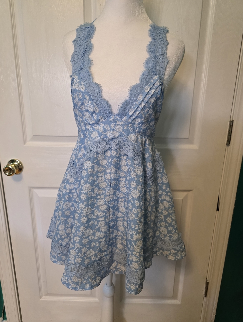 Altar'd State Blue Floral Lace Trim Open Back Mini Dress Size S